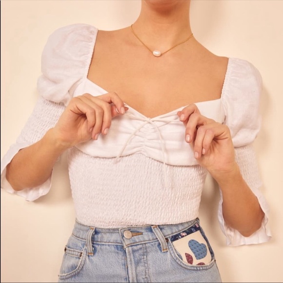 NEW REFORMATION Haven Smocked White Sweetheart Top - Picture 2 of 12